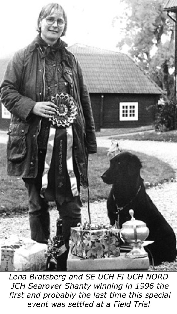 Lena Bratsberg and SE UCH FI UCH NORD JCH Searover Shanty winning in 1996 the first and probably the last time this special event was settled at a Field Trial